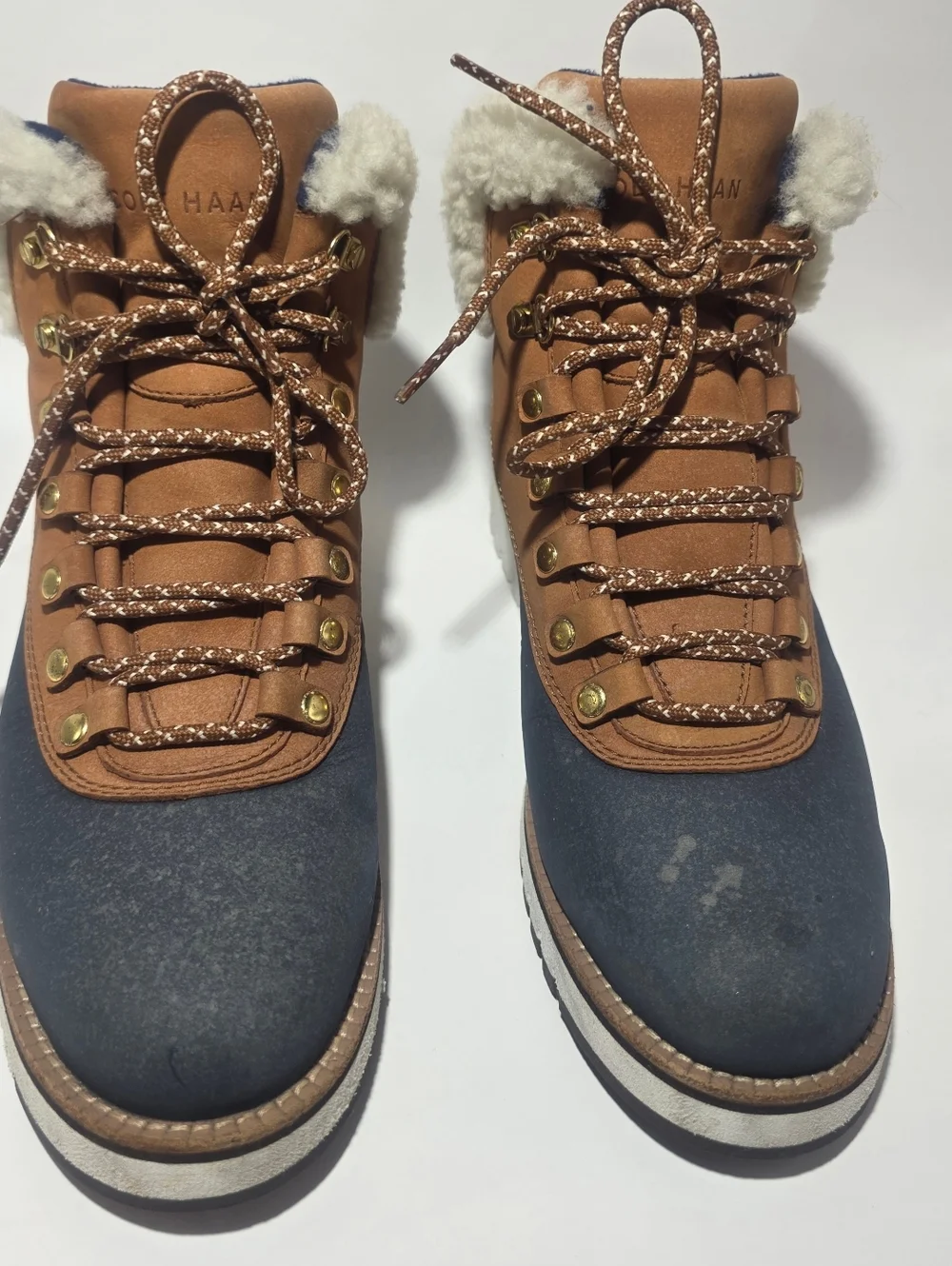 Cole Haan Waterproof Winter Boots Faux Fur Lace Up Brown Blue Women 7.5